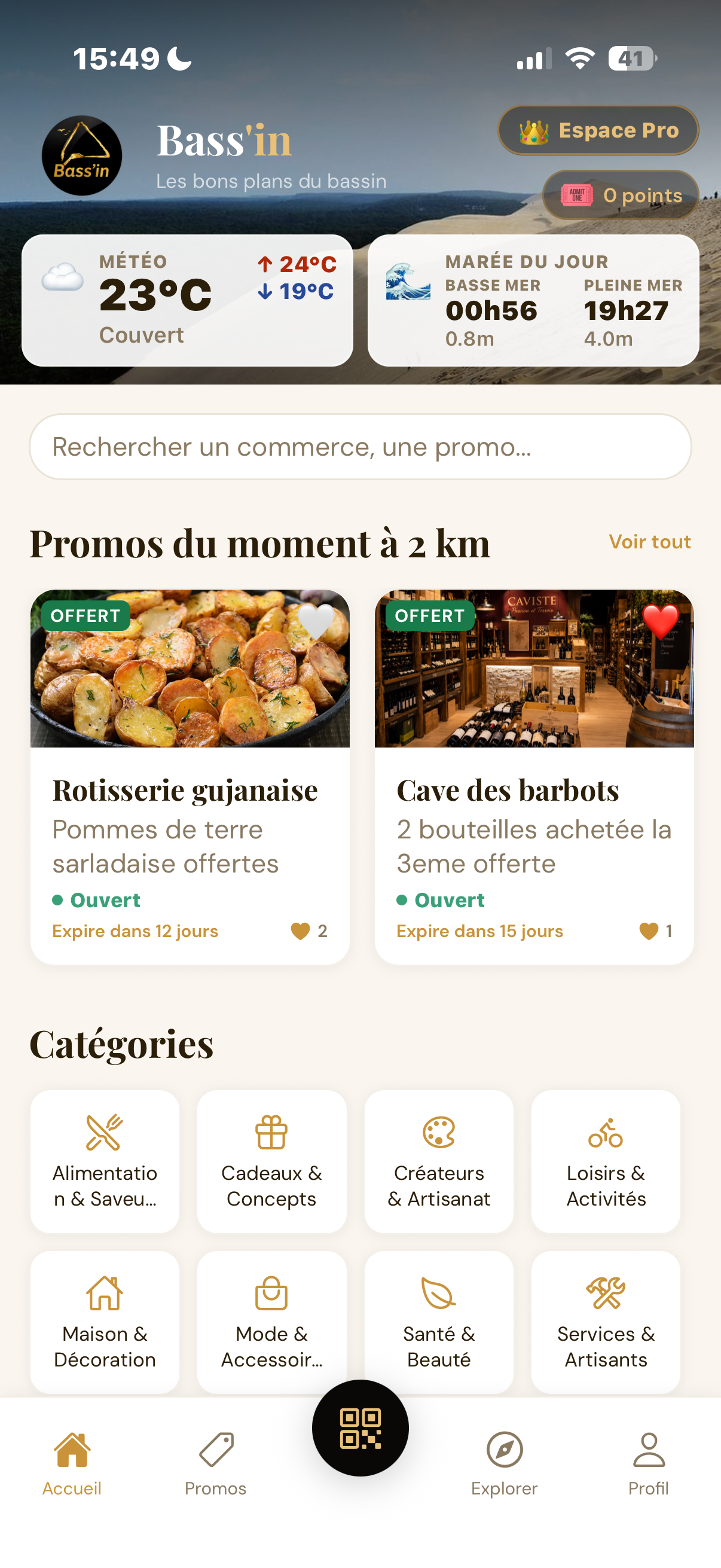 Écran d'accueil de l'application Bass'in