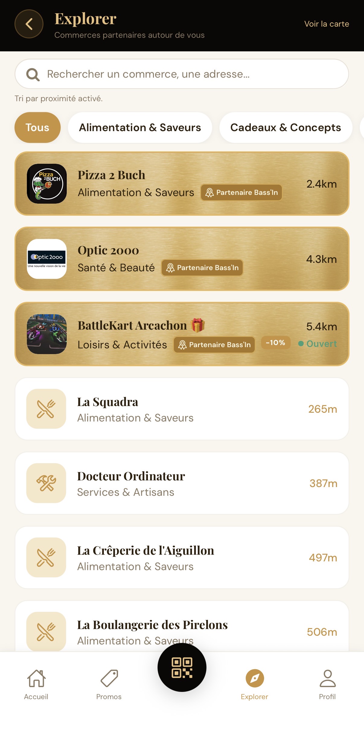 Onglet Explorer de l'application Bass'in